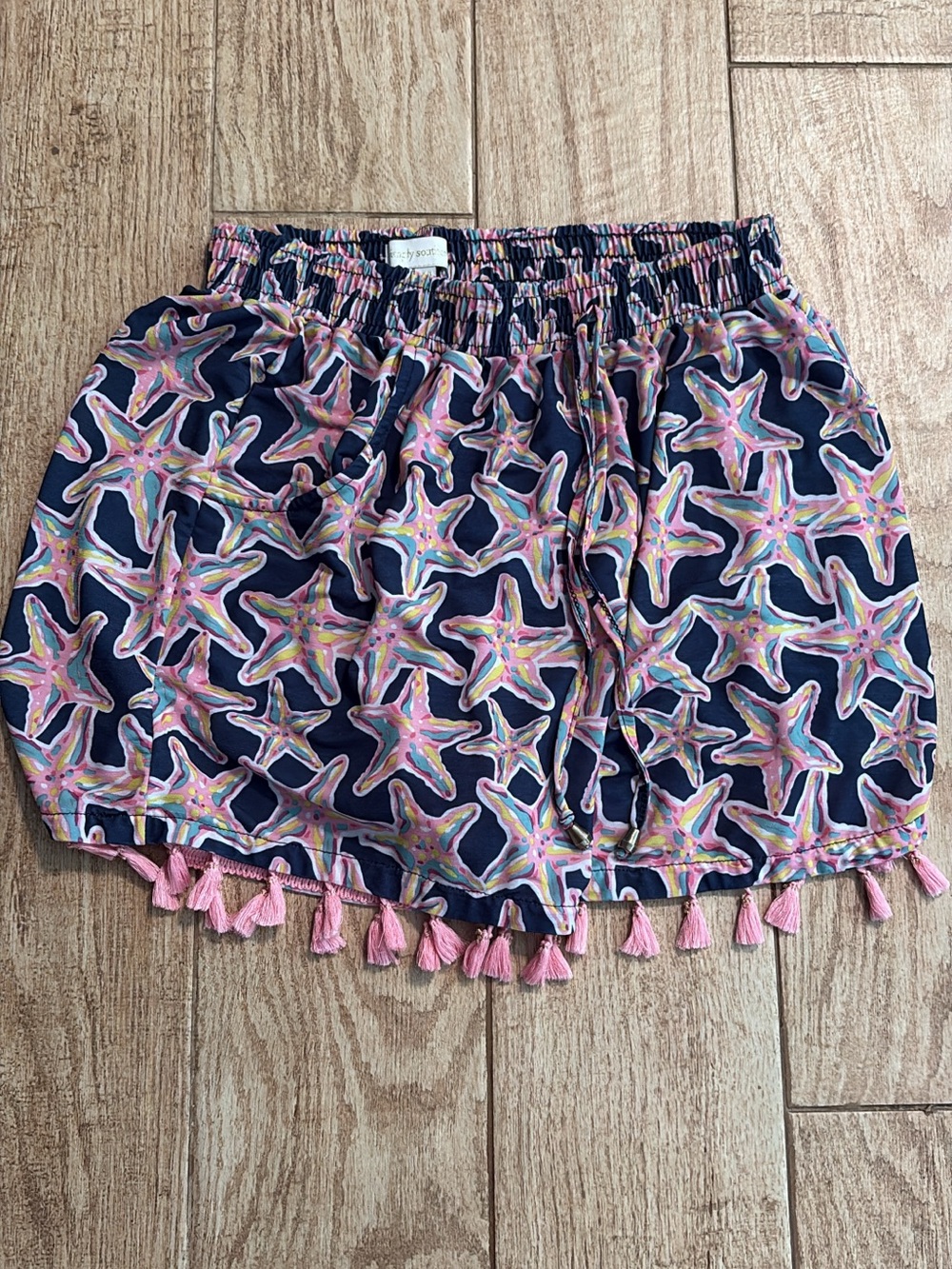 Starfish Print Tassel Hem Shorts - Navy & Pink